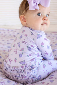 Ribbon & Roses Ruffle Zipper Footie | Purple