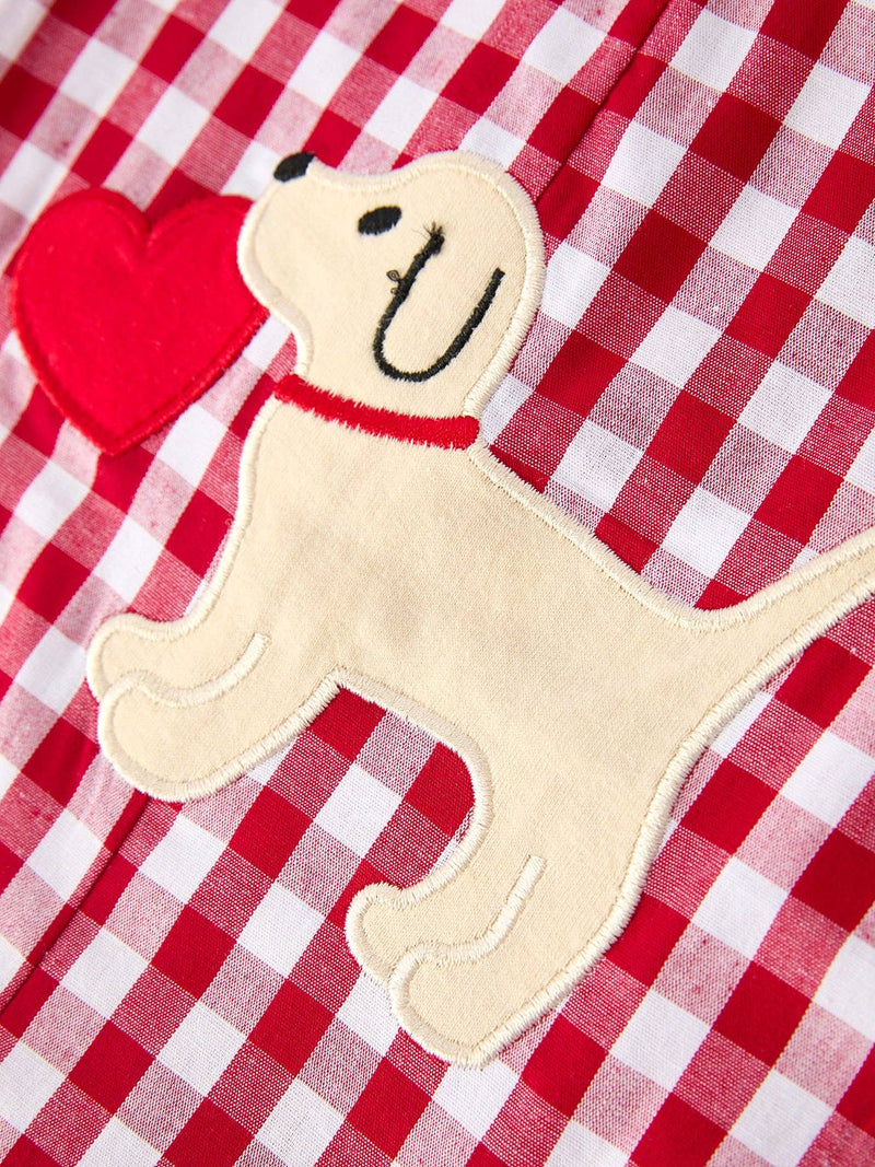 Valentine Applique Heart Dog Plaid Romper
