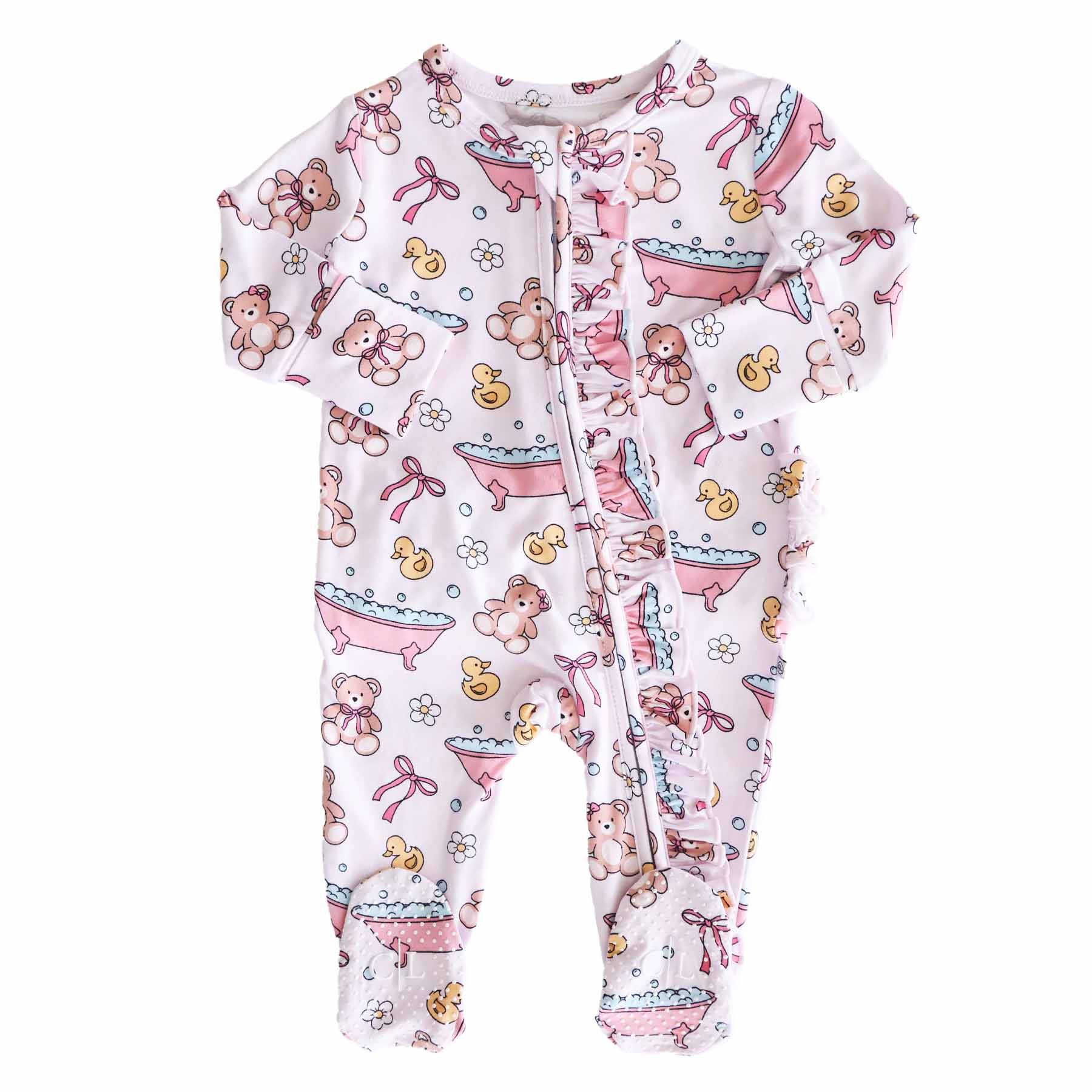 Bathtime Besties Ruffle Zipper Footie | Pink