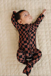 Chocolate Wavy Checkered Bamboo Zip Romper