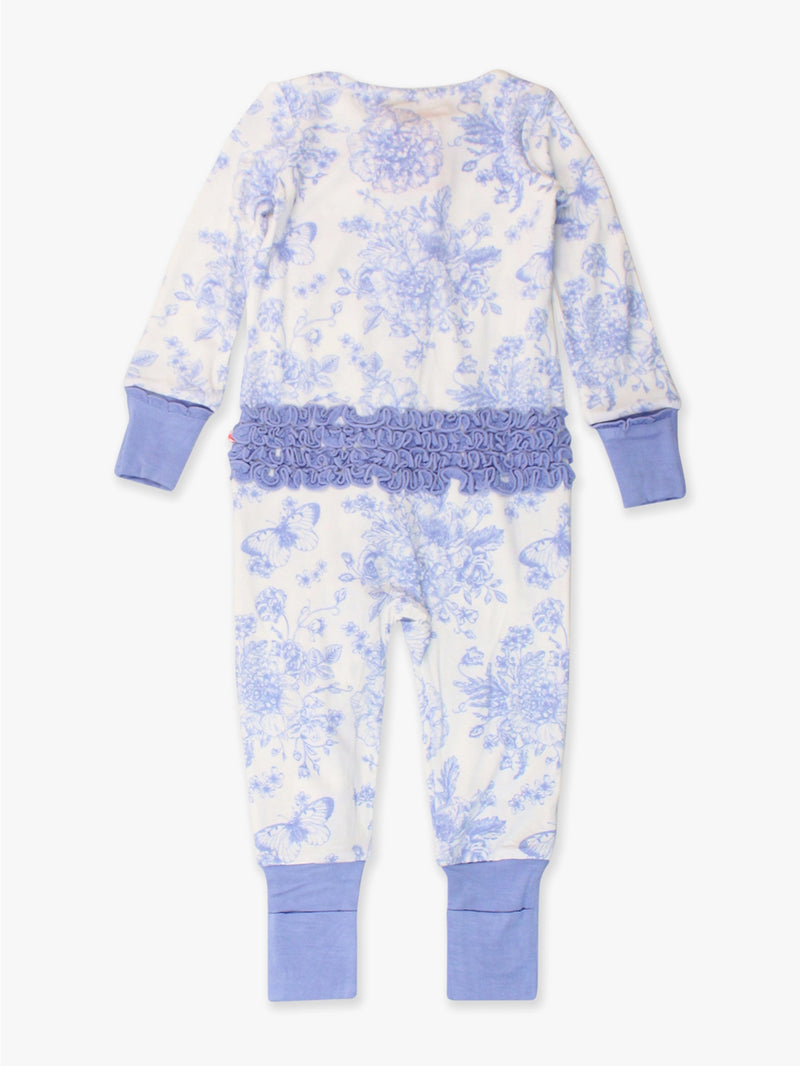 Periwinkle Blue Butterfly Garden Toile Bamboo Ruffle Zipper Pajama