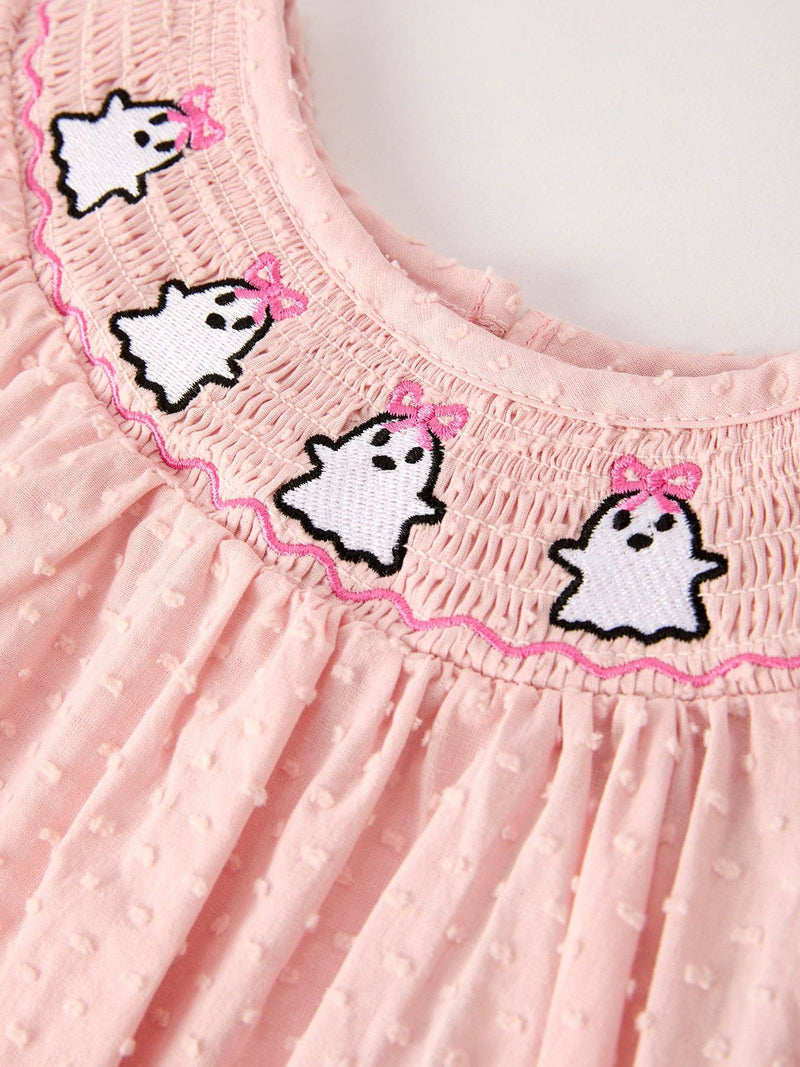 Pink Ghost Embroidery Smocked Dress