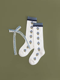 Ivory/Denim Floral Knee High Socks