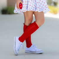Bright Red Fancy Lace Top Knee High Socks