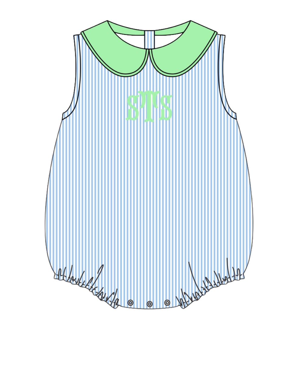 Children's romper with striped pattern and green collar on a white background