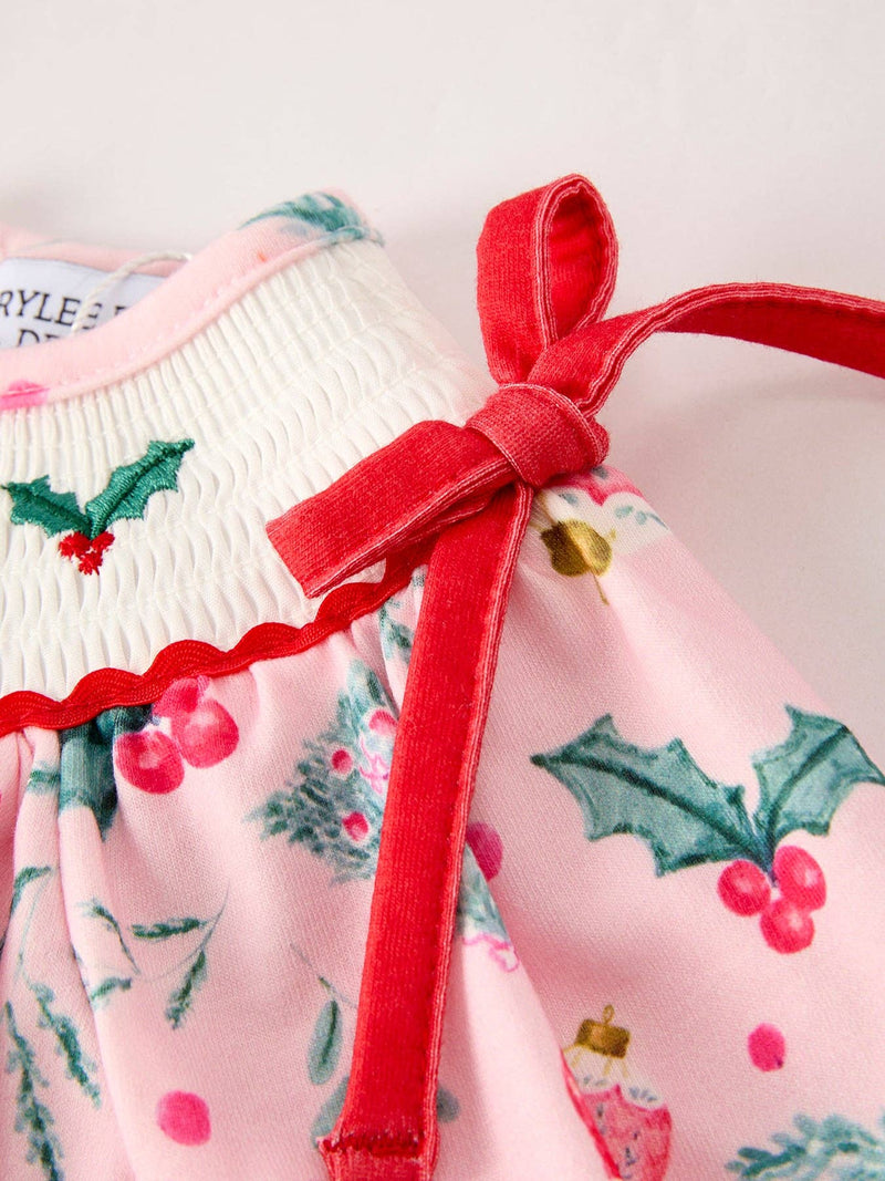 Holly Christmas Embroidery Smocked Bubble