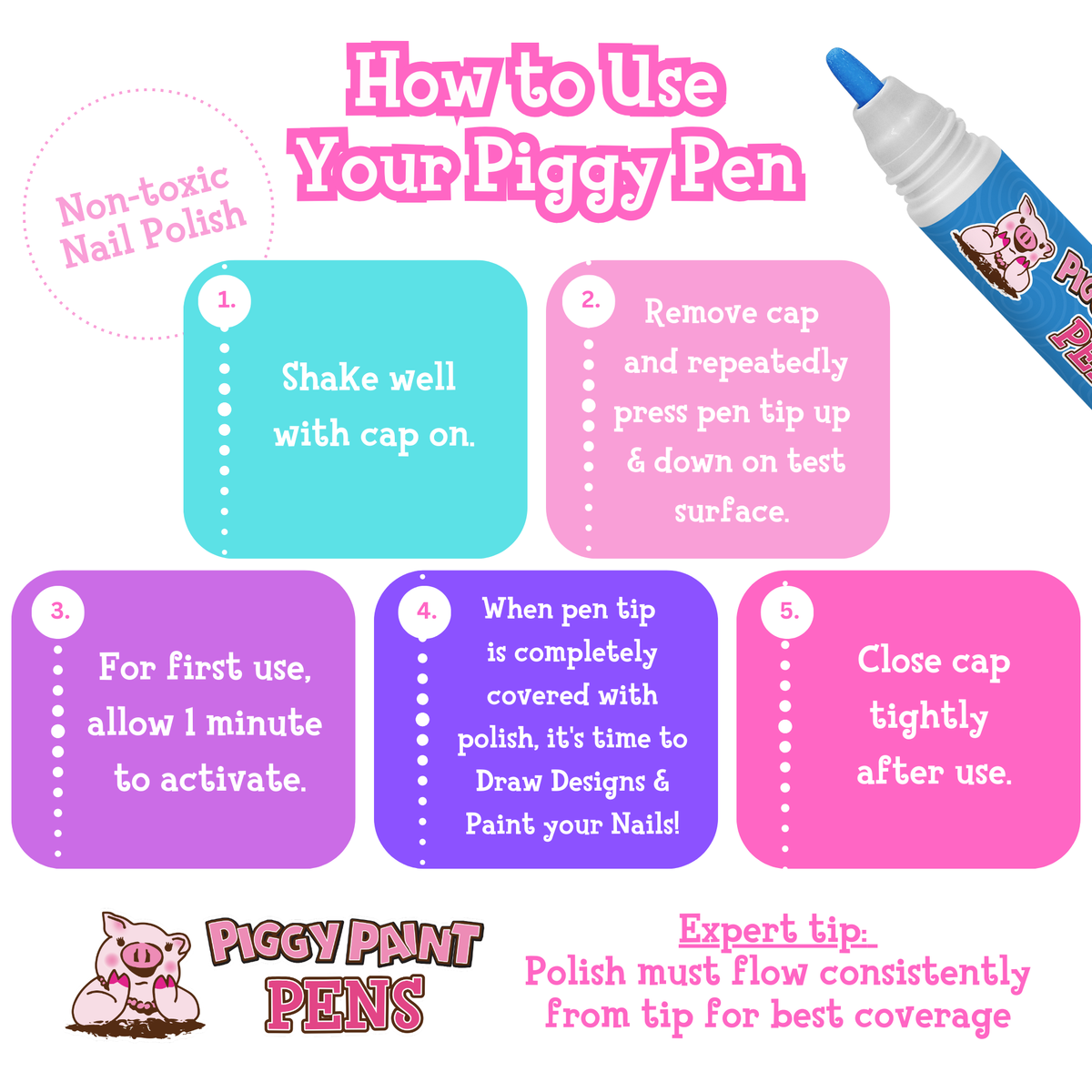 Blazin' BLUE Piggy Paint Pen Non-Toxic Kids Nail Polish
