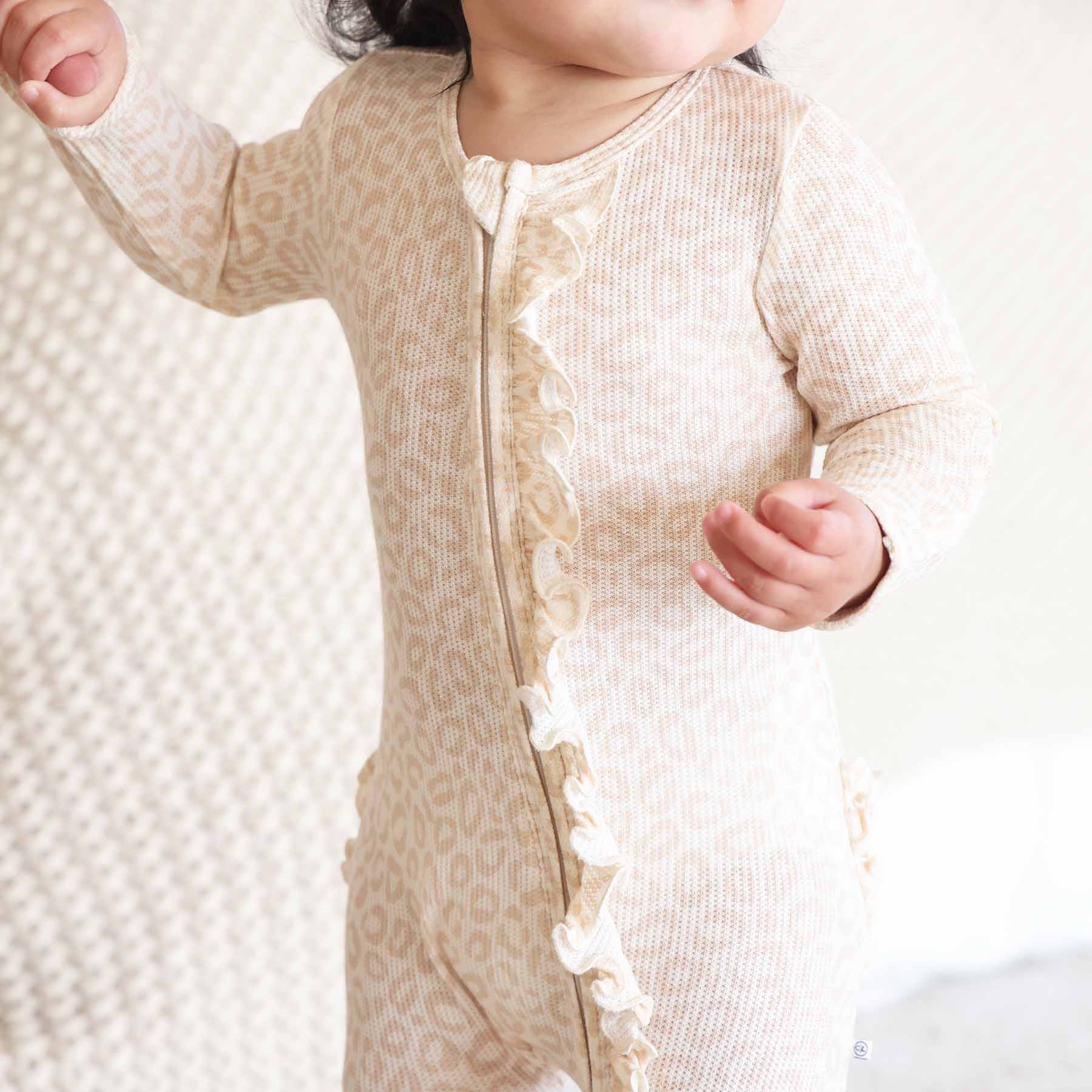 Lovely Leopard Bamboo Waffle Zipper Ruffle Footie
