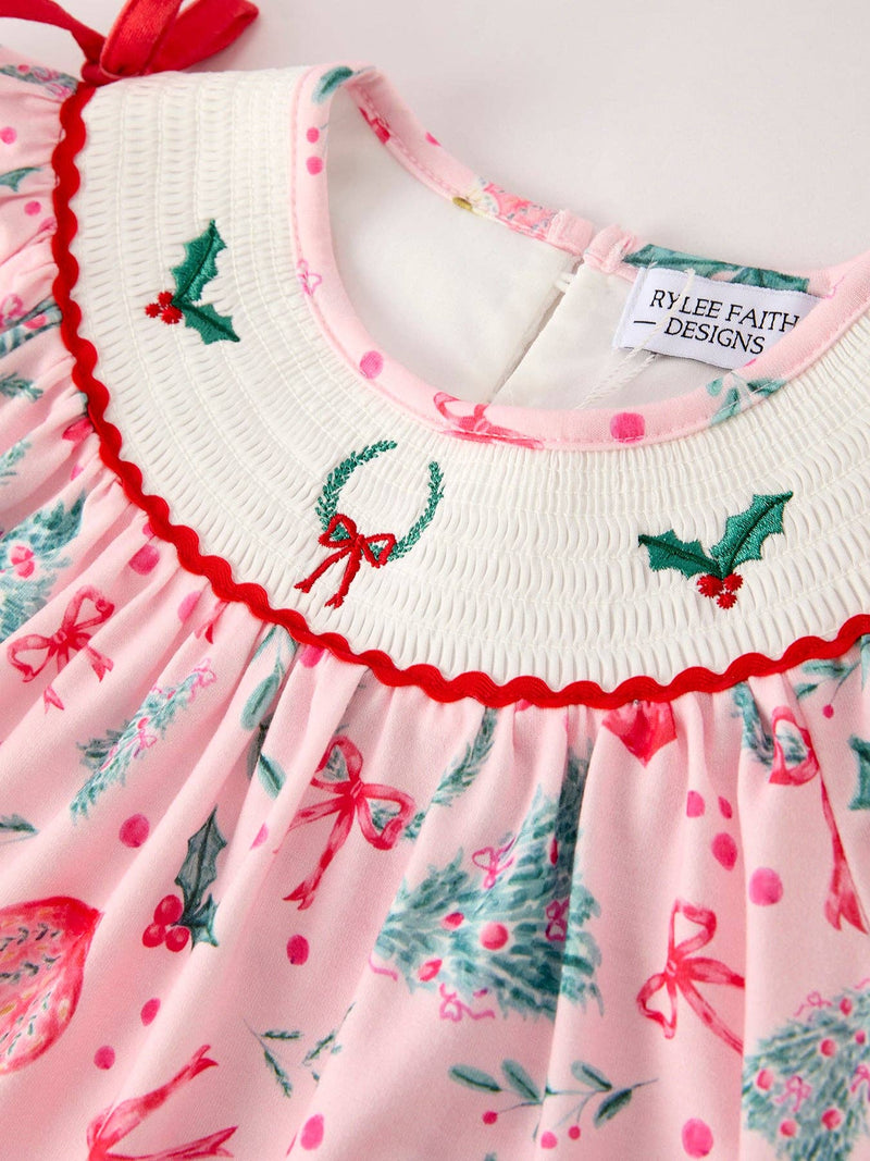 Holly Christmas Embroidered Smocked Dress