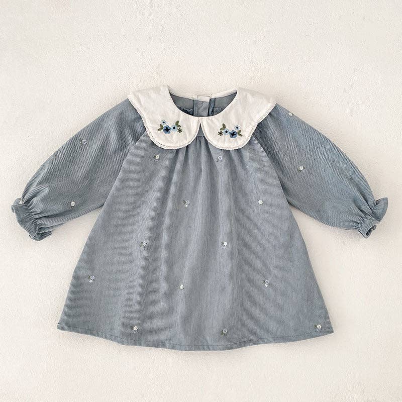 Blue Embroidered Long Sleeve Dress