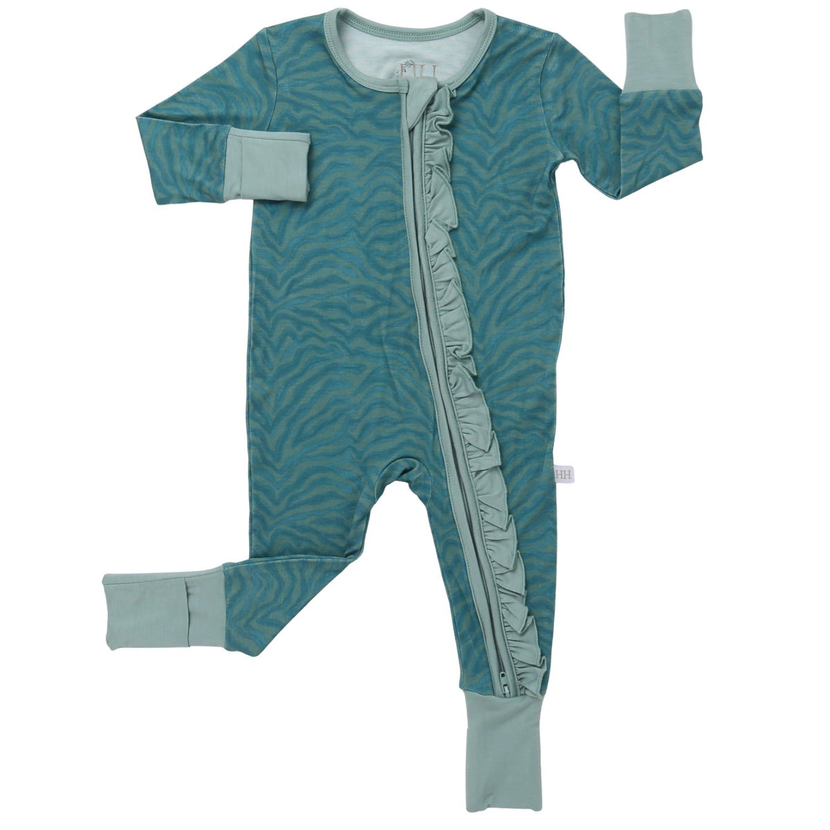 Girls Ruffle Teal Zebra Zipper Romper Sleeper
