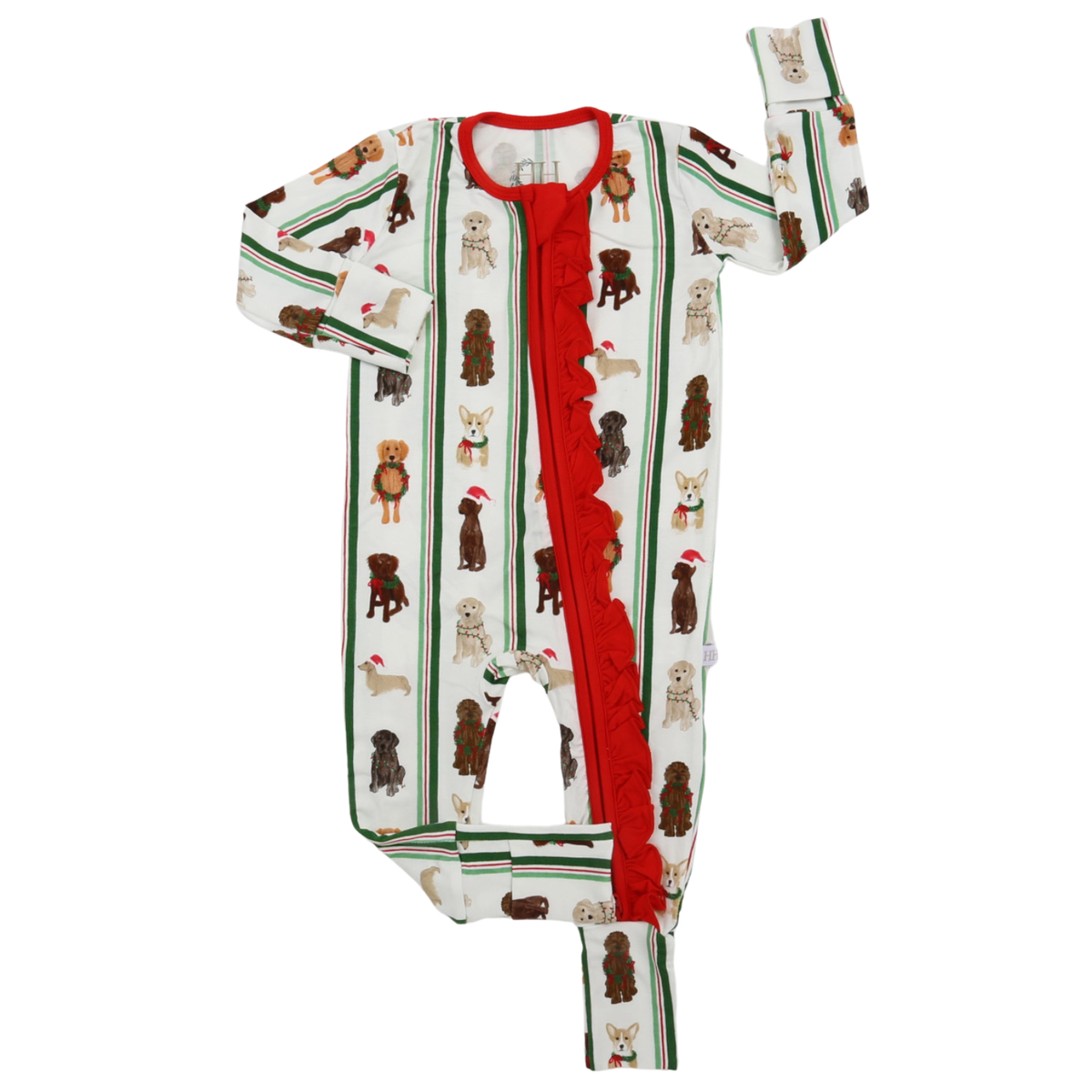 Girls Santa Pups Ruffle Zipper Romper