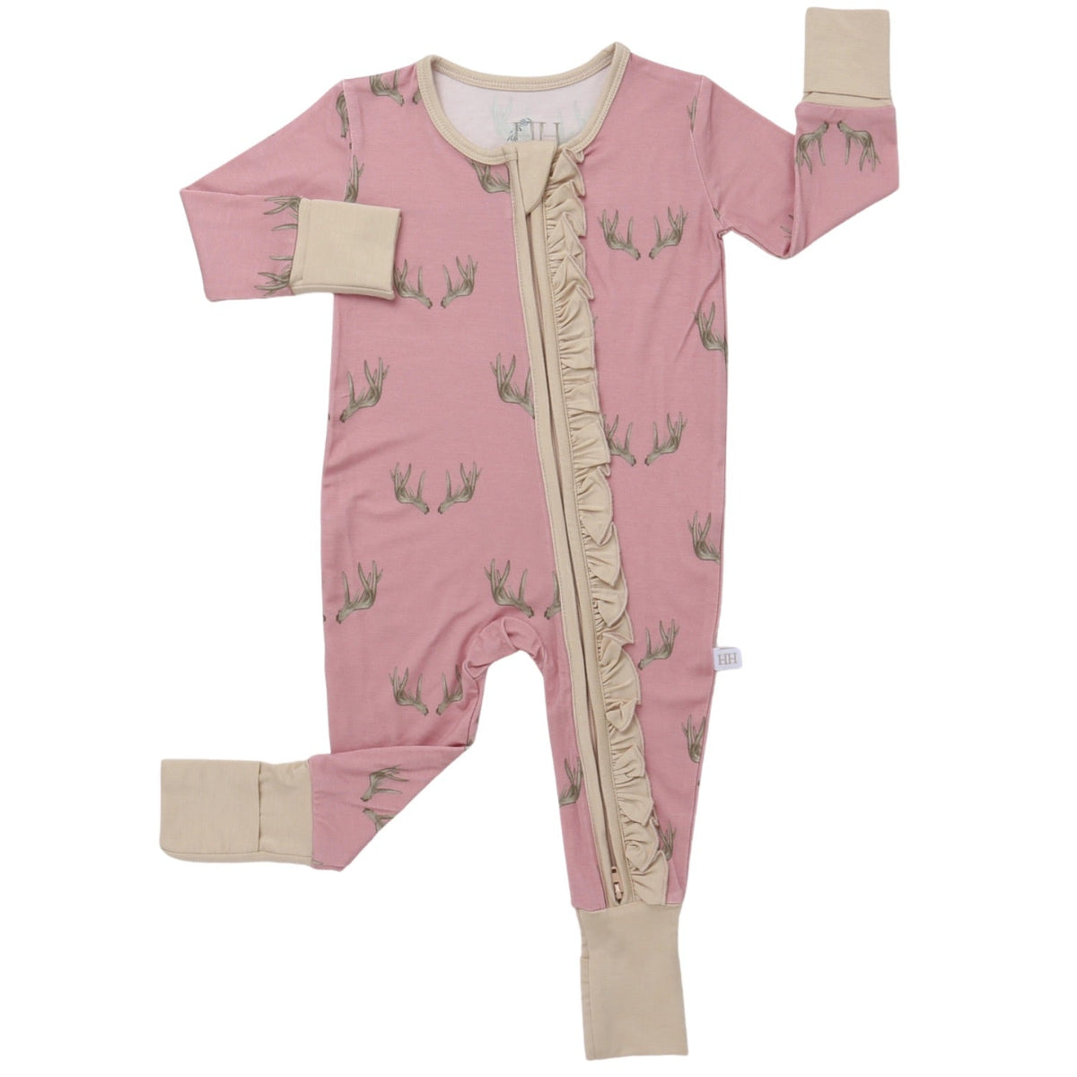 Girls Ruffle Pink Antler Zipper Romper Sleeper