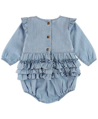 Denim Knit Long Sleeve Flutter Bubble Romper