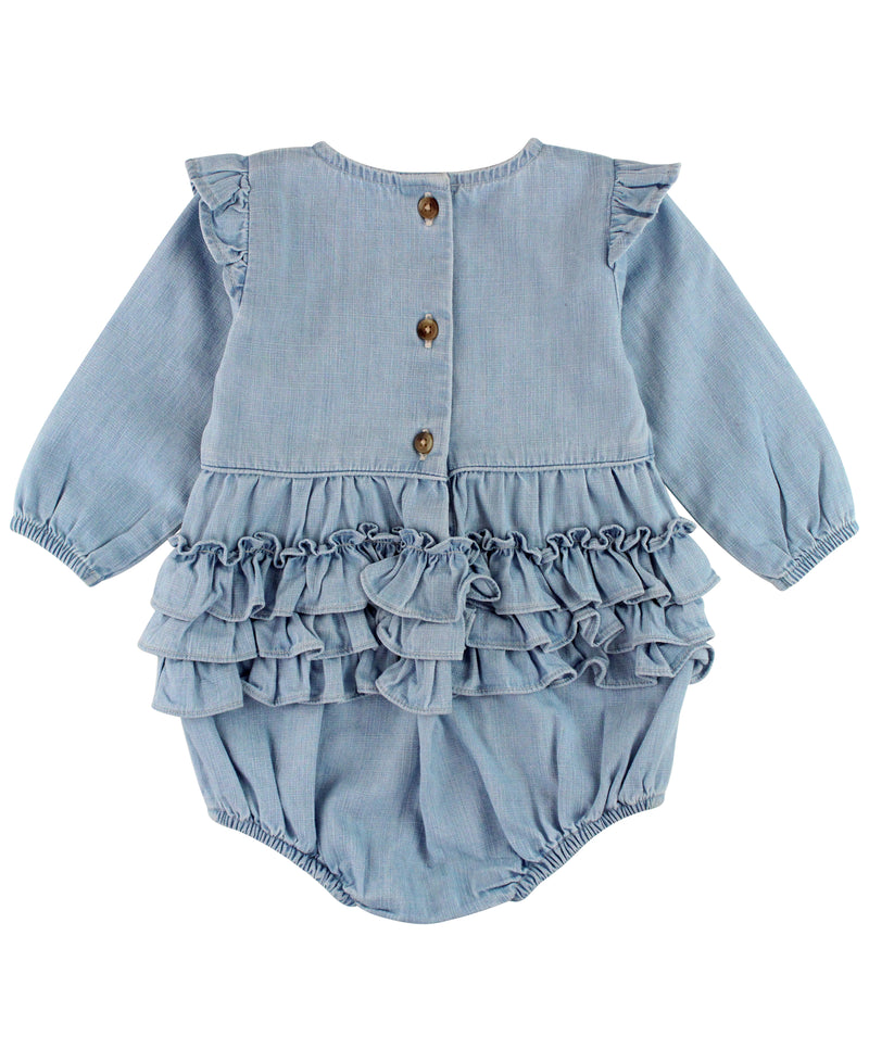Denim Knit Long Sleeve Flutter Bubble Romper