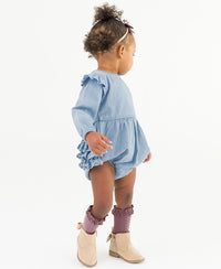 Denim Knit Long Sleeve Flutter Bubble Romper