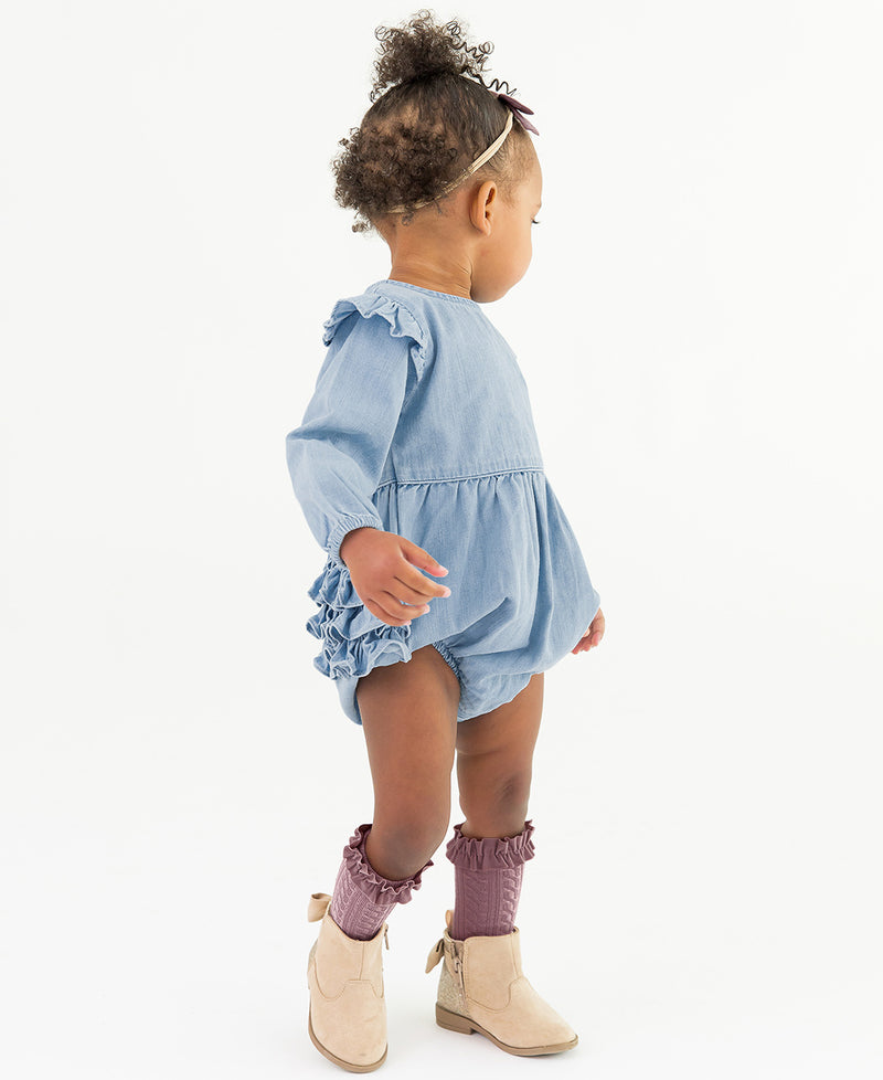 Denim Knit Long Sleeve Flutter Bubble Romper