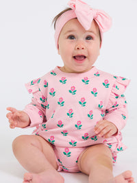 Pink Blossom Knit Long Sleeve Flutter Bubble Romper