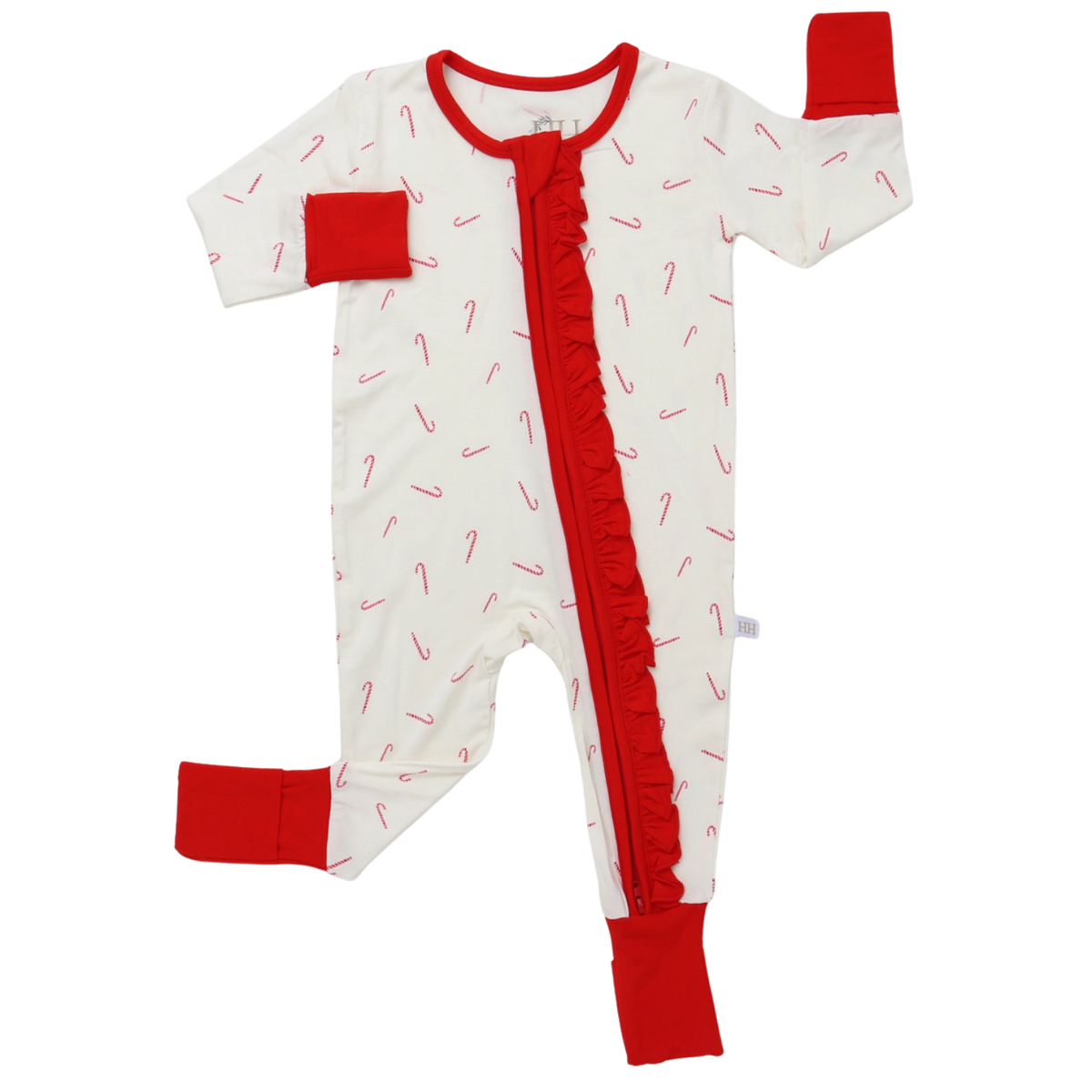 Girls Ruffle Candy Cane Lane Zipper Romper